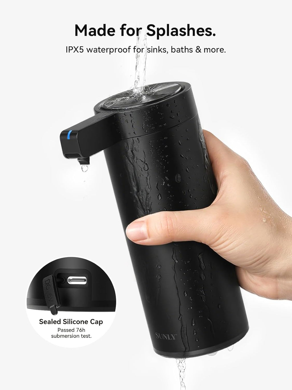 SUNLY Touchless Automatic Soap Dispenser – Clog-Free Pump, 0.2s Fast Sensor, USB-C Rechargeable, Smudge-Resistant Stainless Steel, for Kitchen & Bathroom Soap Dispenser, Black