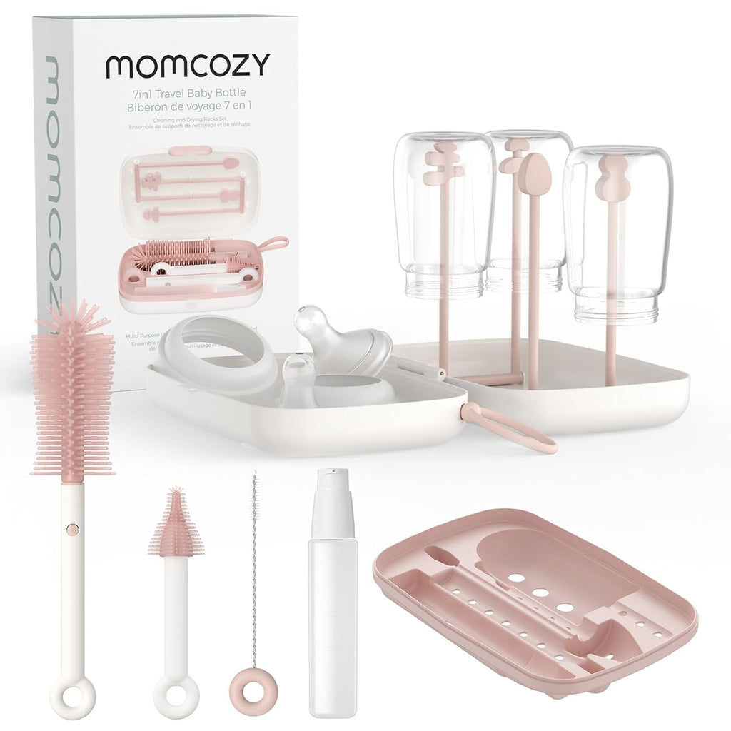 Momcozy Baby Bottle Brush Set, Cleaner Kit with Silicone Nipple Straw Brush, Soap Dispenser, Drying Rack - 7 in 1 Bottle Cleaning Tool for Home and Travel, Pink