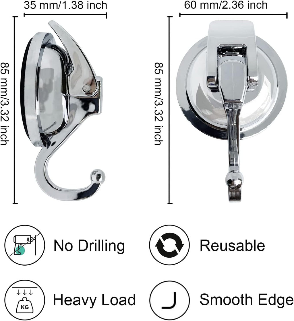 Heavy Duty Suction Cup Hooks for Shower, Bathroom Robe - Vacuum Glass Hooks, Reusable, No Hole Punched, for Garland Decoration (Silver, 6 Pack)