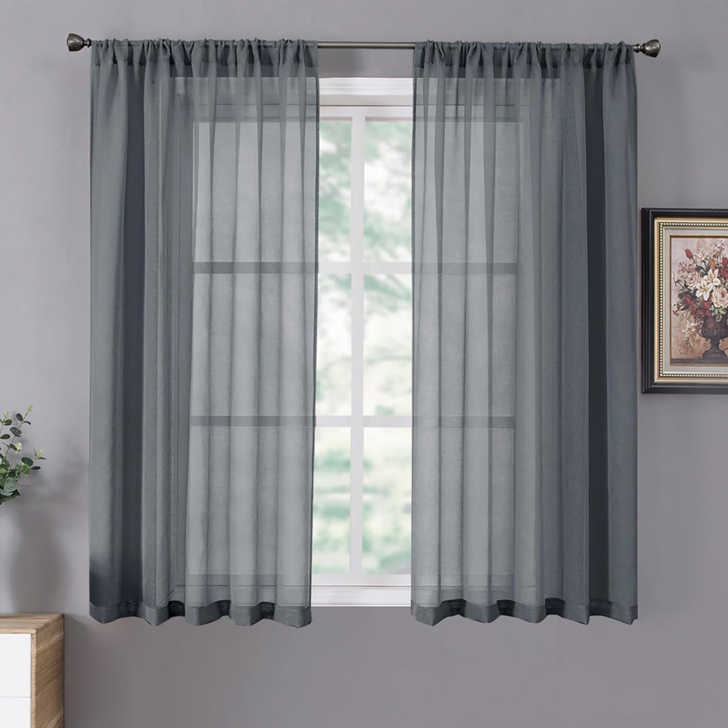 Tollpiz Short Sheer Curtain Linen Textured Bedroom Curtains Sheer Light Filtering Rod Pocket Voile Curtain for Living Room, 54 x 54 inches Long, Dark Grey, Set of 2 Panels