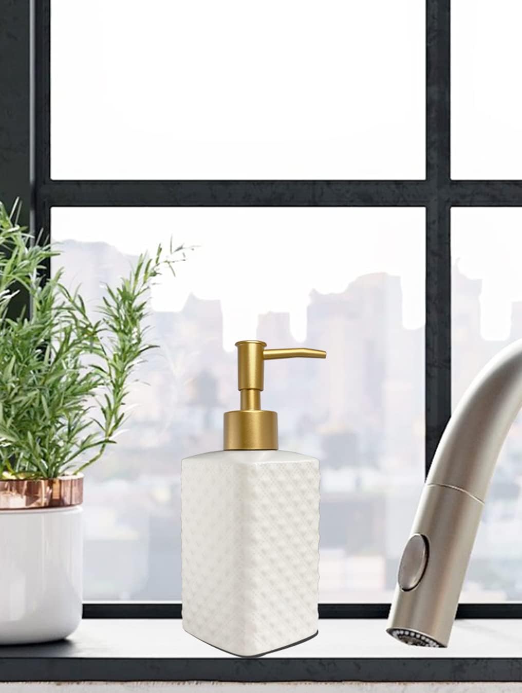 Chic Unique White Soap Dispenser for Bathroom with Golden Pump,Lotion Dispenser, Refillable Countertop Ceramic Hand Dispenser,Dish Dispenser for Kitchen 350ml(White Square Bottle)