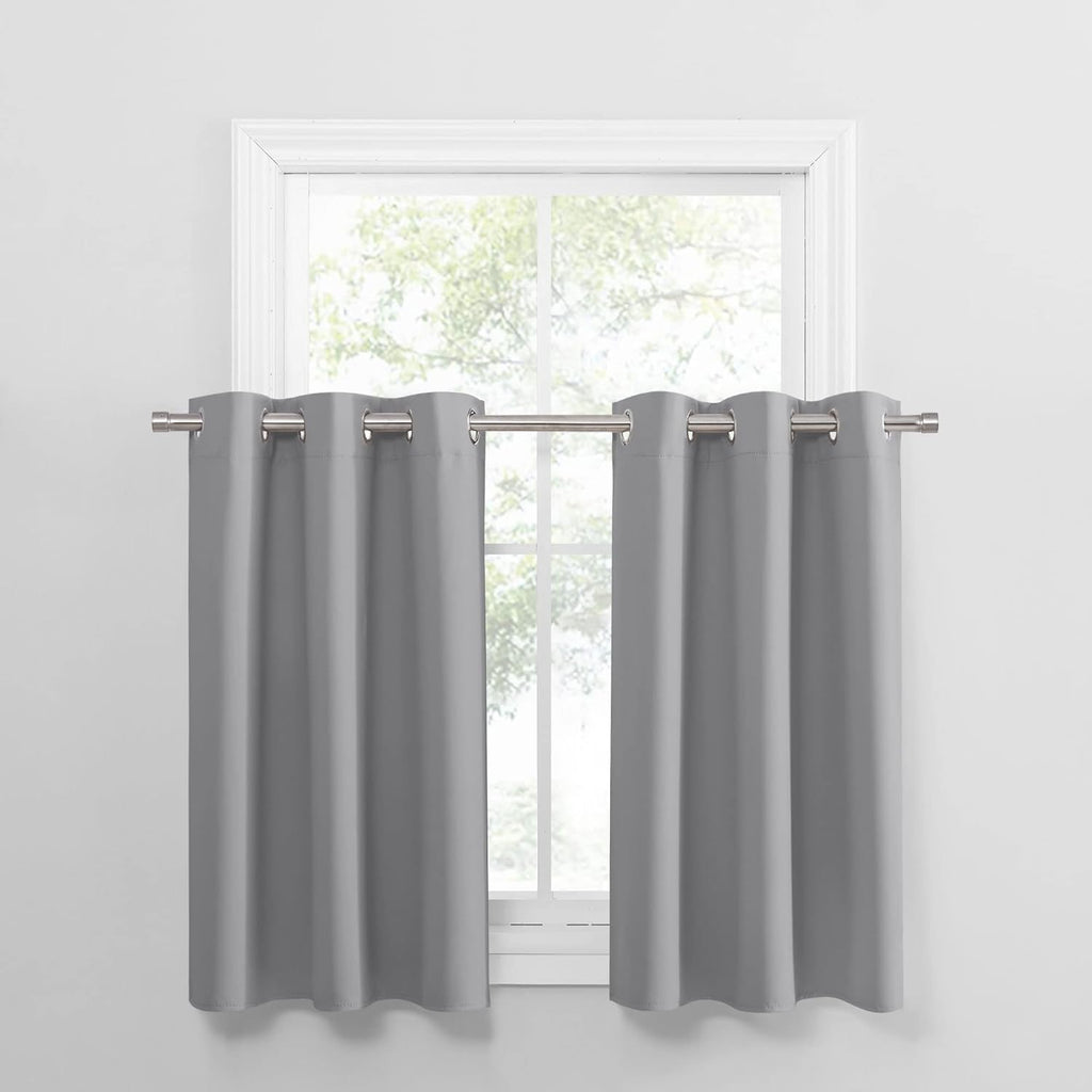 PONY DANCE Short Blackout Curtains for Kitchen, Black Out Thermal Insulated Window Drapes Grommet Room Darkening Half Window Curtains for Studio Dorm Loft(2 Panels, W 42 x L 36 inches, Silver Grey)