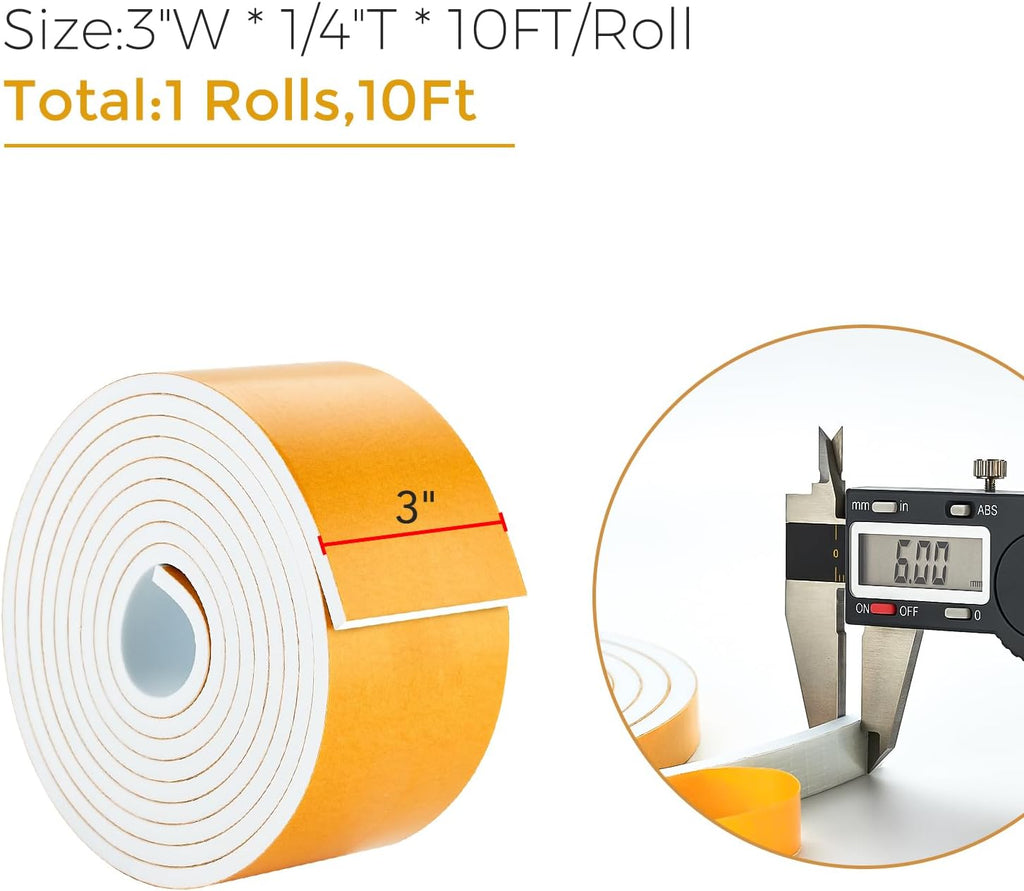 10 Feet Weather Stripping Door Seal, 3" Wide X 1/4" Thick Door Seal Strip High Density Foam Tape Adhesive Strip for Door Soundproofing,Window Insulation (3" x 1/4" x 10FT, White)
