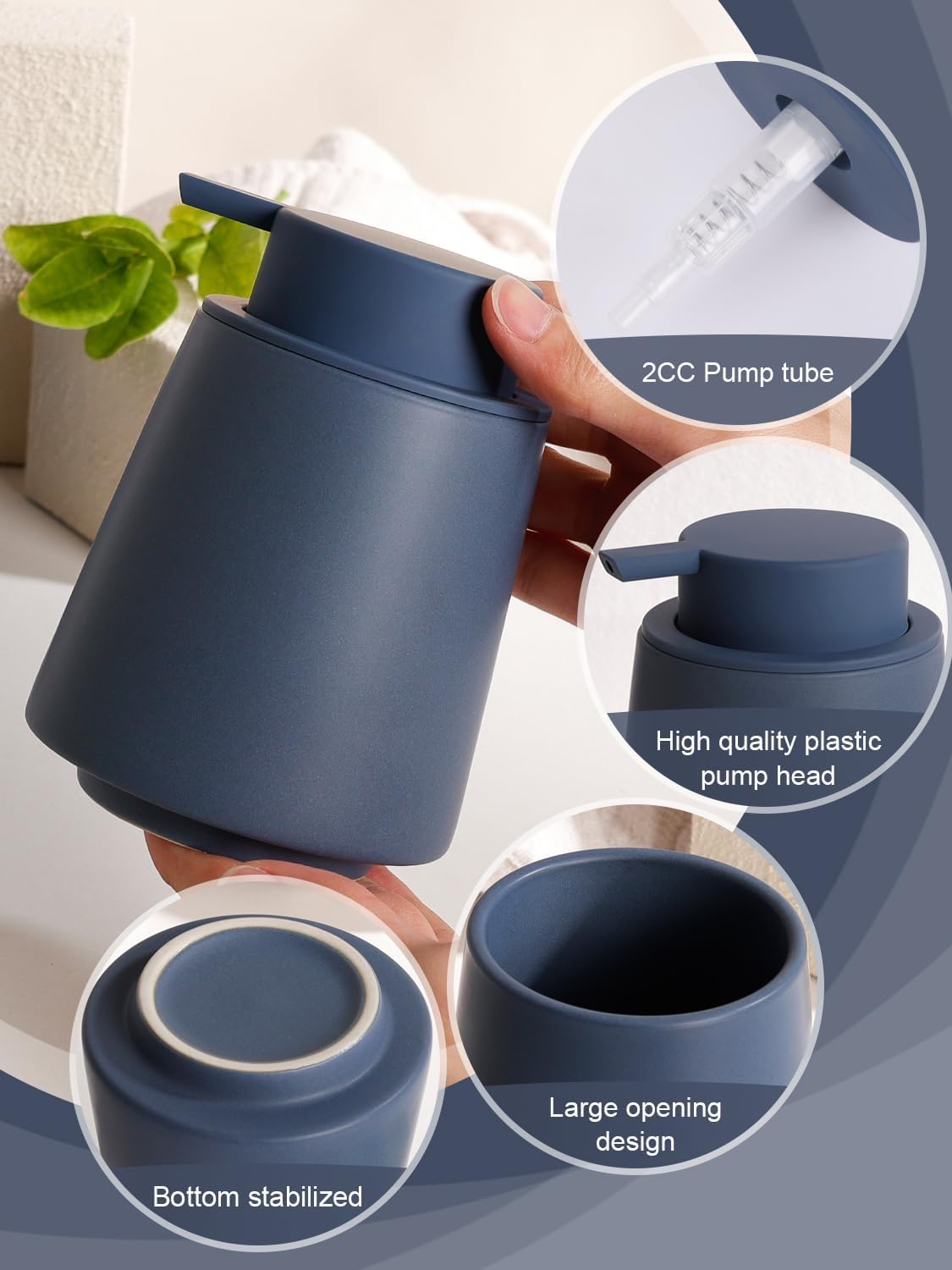 INGOFIN Ceramic Soap Dispenser, 14 oz Bathroom Hand Soap Dispenser, Liquid Dispenser with Pump, Refillable Modern Lotion Dish Dispenser for Kitchen, Matte Blue