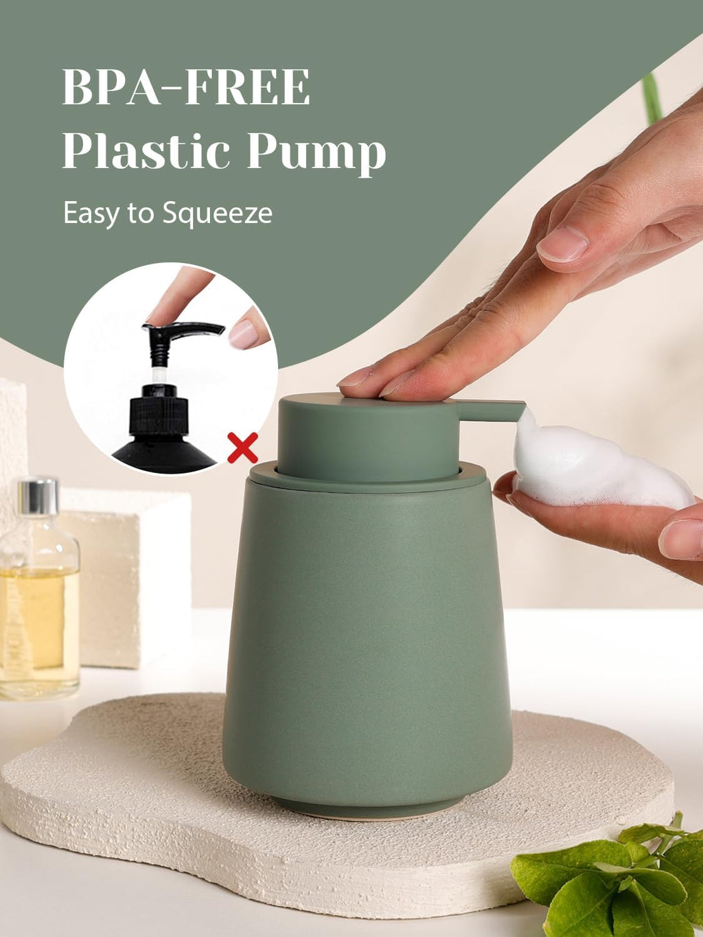 INGOFIN Ceramic Foaming Soap Dispenser -14 oz Foam Hand Soap Dispenser Bathroom Modern Refillable Dish Wash Bottle for Kitchen with Large Pump Matte Green