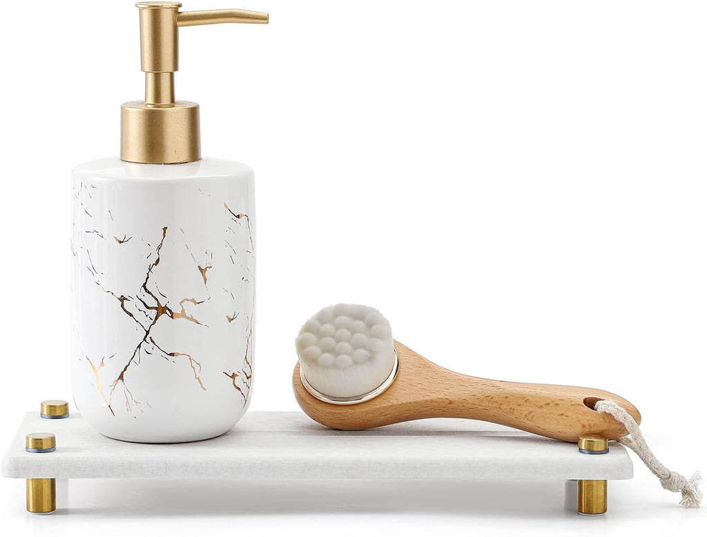 Water Absorbing Stone Sink Caddy Kitchen Sink Organizer Tray, Diatomite Bathroom Counter Tray, Gold Faucet Drying Mat Coaster Soap Dish Rack Riser Dispenser Sponge Holder, Beige 10" x 4"