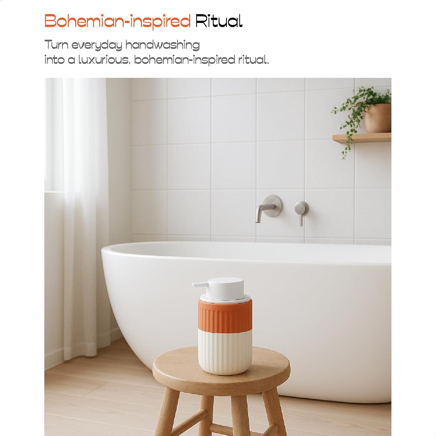 2 Pack Hand Dipped Terracotta Ceramic Foam Soap Dispenser, 12 oz Rippled Bubble-Up Bottle with White Silicone Pump, Refillable Orange Hand Soap Dispenser for Bathroom