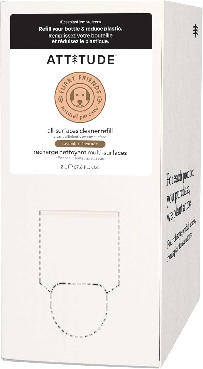 ATTITUDE All Surface Cleaner for Pets, Plant and Mineral-Based Ingredients, Vegan and Cruelty-free, Bulk Refill, Lavender, 67.62 Fl Oz