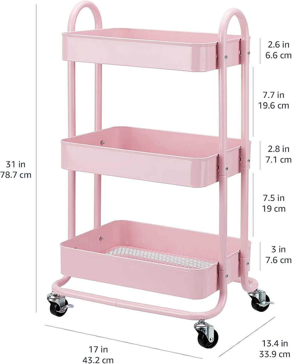 Amazon Basics 3-Tier Rolling Utility or Kitchen Cart, Lockable Wheels, Multifunctional Storage, Dusty Pink