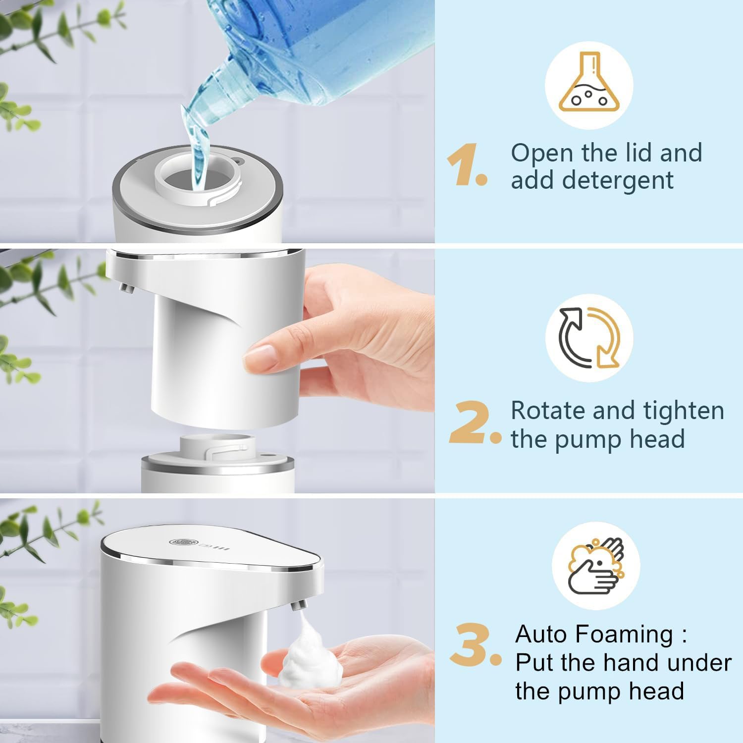 Automatic Foaming Soap Dispenser, Type C Rechargeable Hand Free Pump Soap Dispenser Electric Dispenser for Bathroom Countertop, Kitchen 350mL