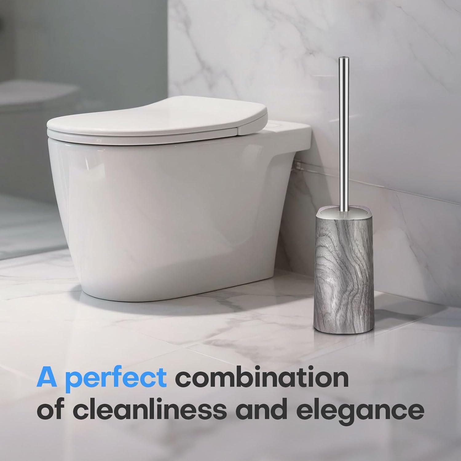 Marble Colored Toilet Brush and Holder Set,Stainless Steel Long Handle and Marble Colored Base for Bathroom Deep Cleaning，Space Saving for Storage，Drip-Proof，White