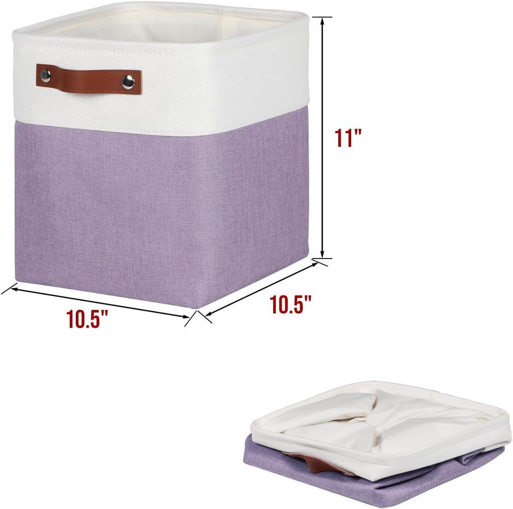 Univivi 10.5 Inch Fabric Cube Bins with Hard Bottom, 4 Pack Storage Baskets with PU Handles for Shelves Closet Foldable Storage Bins for Organizing (Purple,10.5" x 10.5" x 11")
