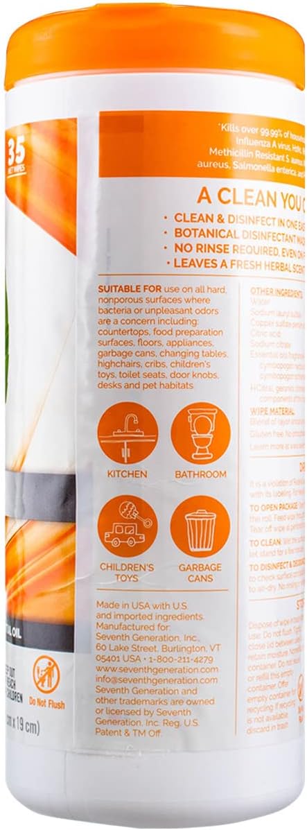 Seventh Generation Multi-Surface Disinfecting Wipes, Lemongrass Citrus, 8.1 oz, 35 Ct (2 pack)