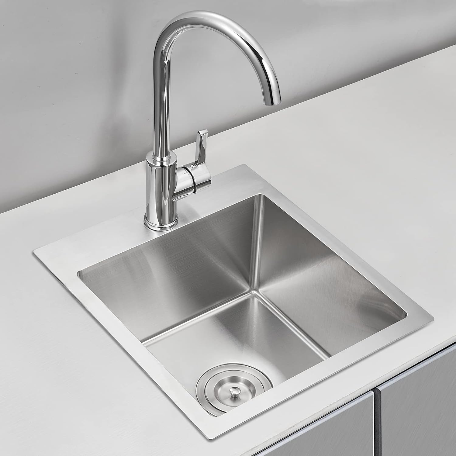 15x17 inch Bar Sink Drop in, Handmade 304 Stainless Steel Sink, 8" Deep Single Bowl, R10 Tight Radius, Topmount Installation, for Small Kitchen/RV/Bar Sink, Brushed