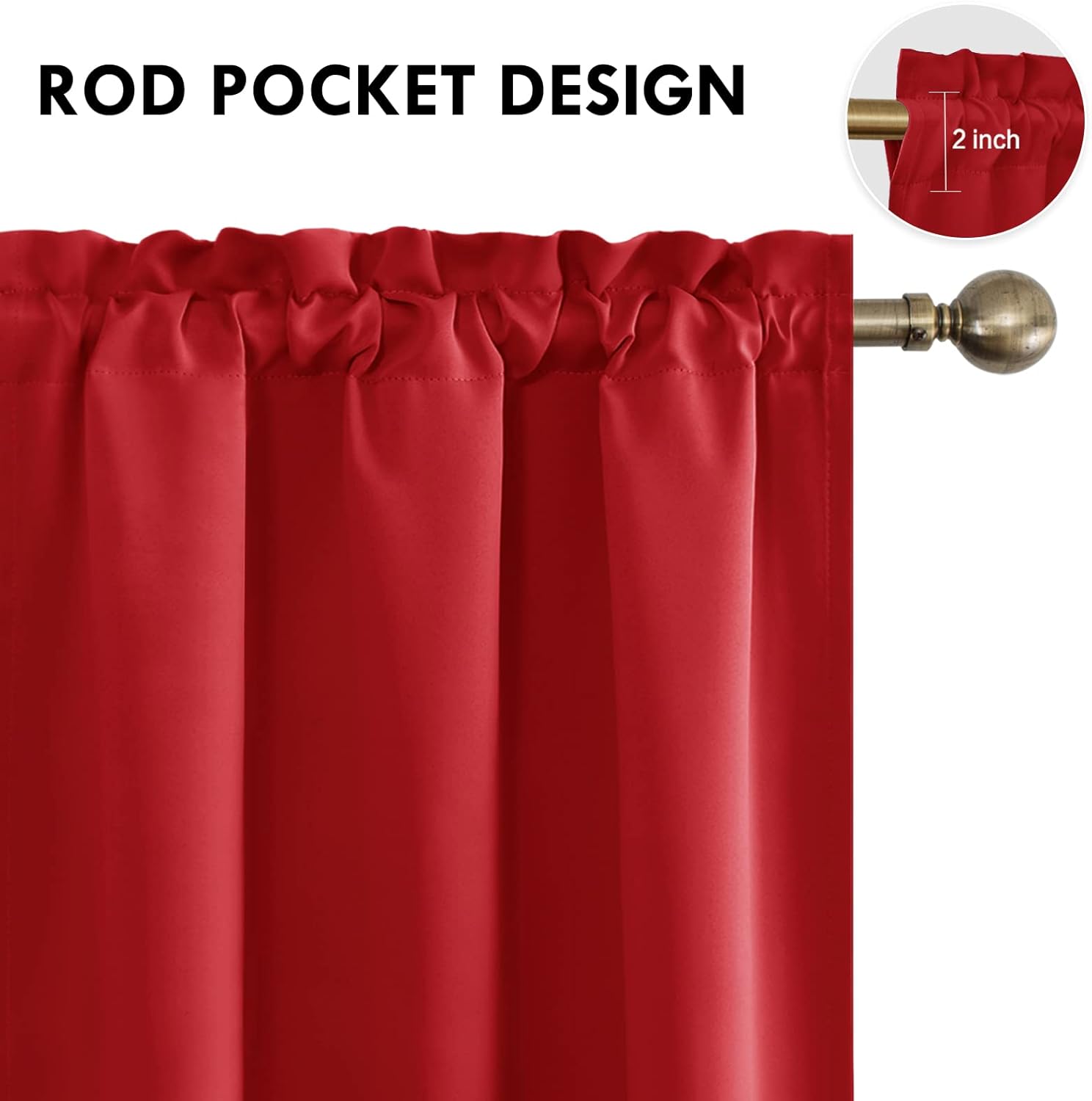 DWCN Christmas Blackout Curtains Thermal Insulated Energy Saving Bedroom and Kitchen Curtains Window Treatments, W 38 x L 45 Inch, Set of 2 Red Rod Pocket Drapes