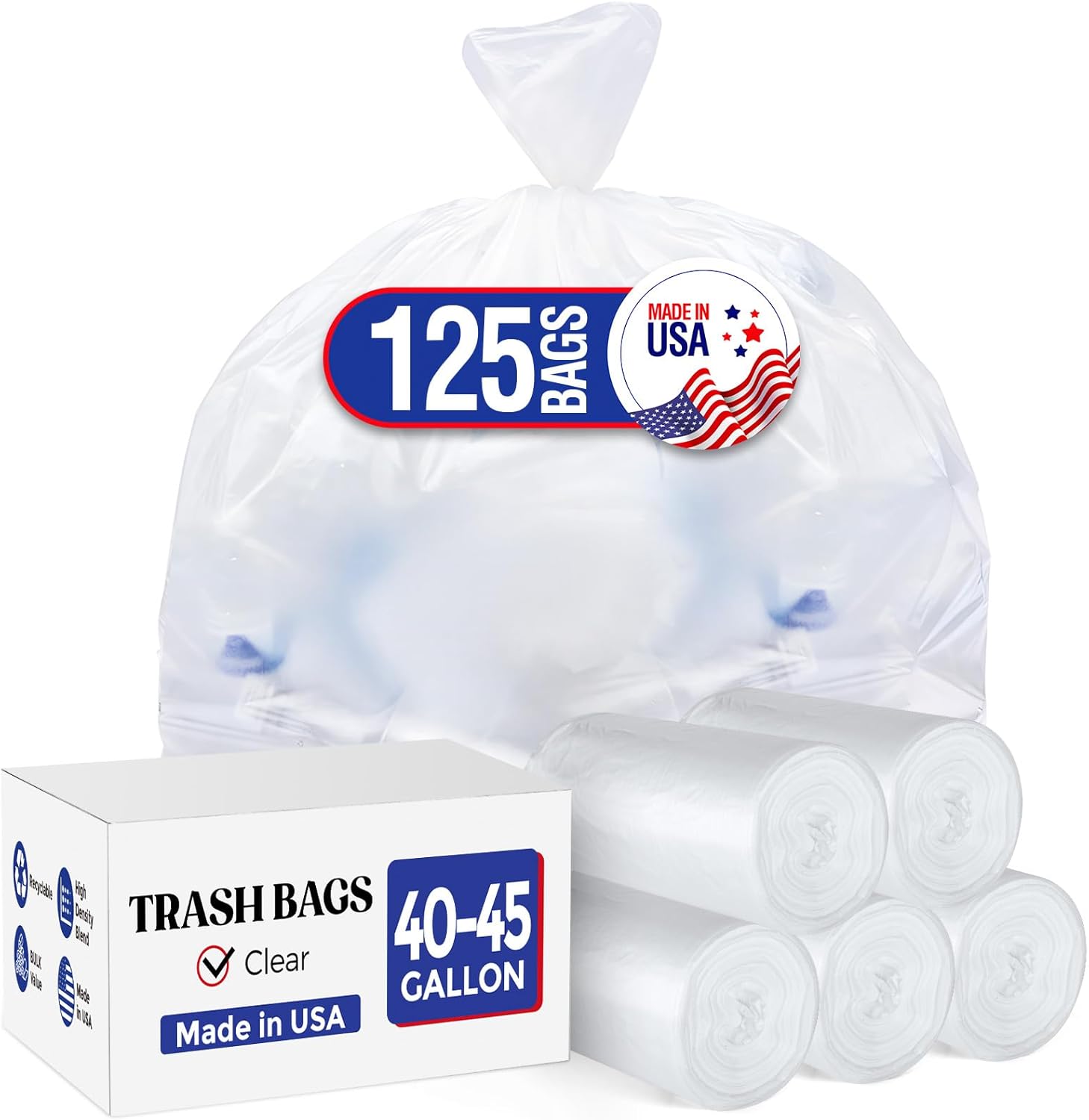 Delxo 40-45 Gallon Clear Trash Bags, 125 Count – Medium Duty Garbage Bags, Thick, Durable & Puncture-Resistant Plastic Can Liners– Made in USA for Kitchen, Yard & Commercial Use