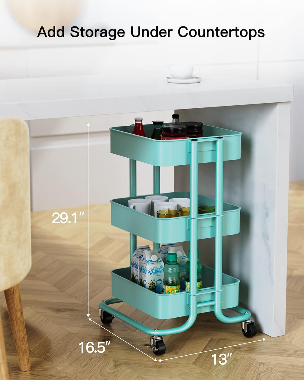 Pipishell 3-Tier Metal Rolling Utility Cart, Heavy-Duty Storage Cart with 2 Lockable Wheels, Multifunctional Mesh Organization Cart for Kitchen Dining Room Living Room (Turquoise)
