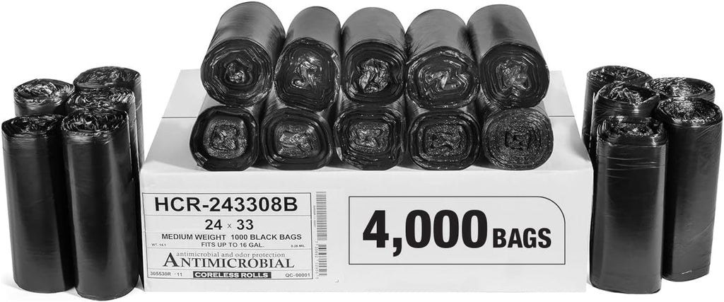 Aluf Plastics High Density Trash Bags, 16 Gallon, 4000 Count, 8 Micron (eq), 24" x 33", Black, for Bathroom, Office, Industrial, Commercial, Janitorial, Municipal, Recycling