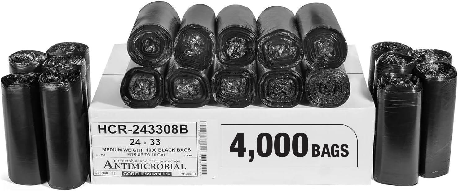 Aluf Plastics High Density Trash Bags, 16 Gallon, 4000 Count, 8 Micron (eq), 24" x 33", Black, for Bathroom, Office, Industrial, Commercial, Janitorial, Municipal, Recycling