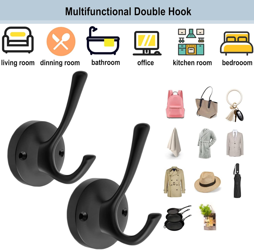 Black Towel Hooks, 2 Pack Coat Robe Hook Heavy Duty Metal Double Bathrobe Hook Wall Mounted, Hand Towels Hooks for Cubicle Bathroom Kitchen Closet Garage