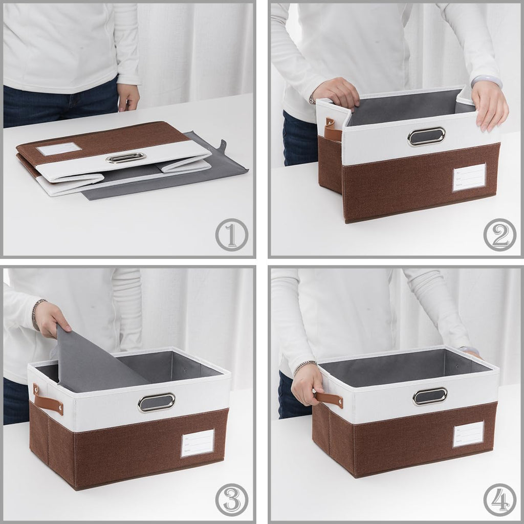 PRANDOM Foldable Storage Bins with Handles [3-Pack] Fabric Collapsible Storage Boxes Baskets Cubes Containers with Handles for Closet Living Room Bedroom (Brown & White 14.9x9.8x8.3'')
