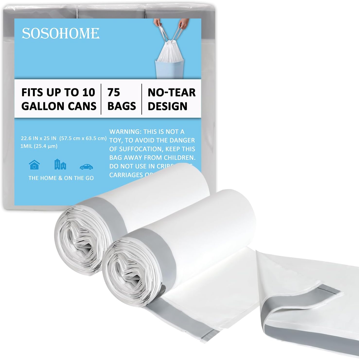 10 Gallon Trash Bags Drawstring, 1 Mil Thick White Garbage Bag for Office Kitchen, 75 Count