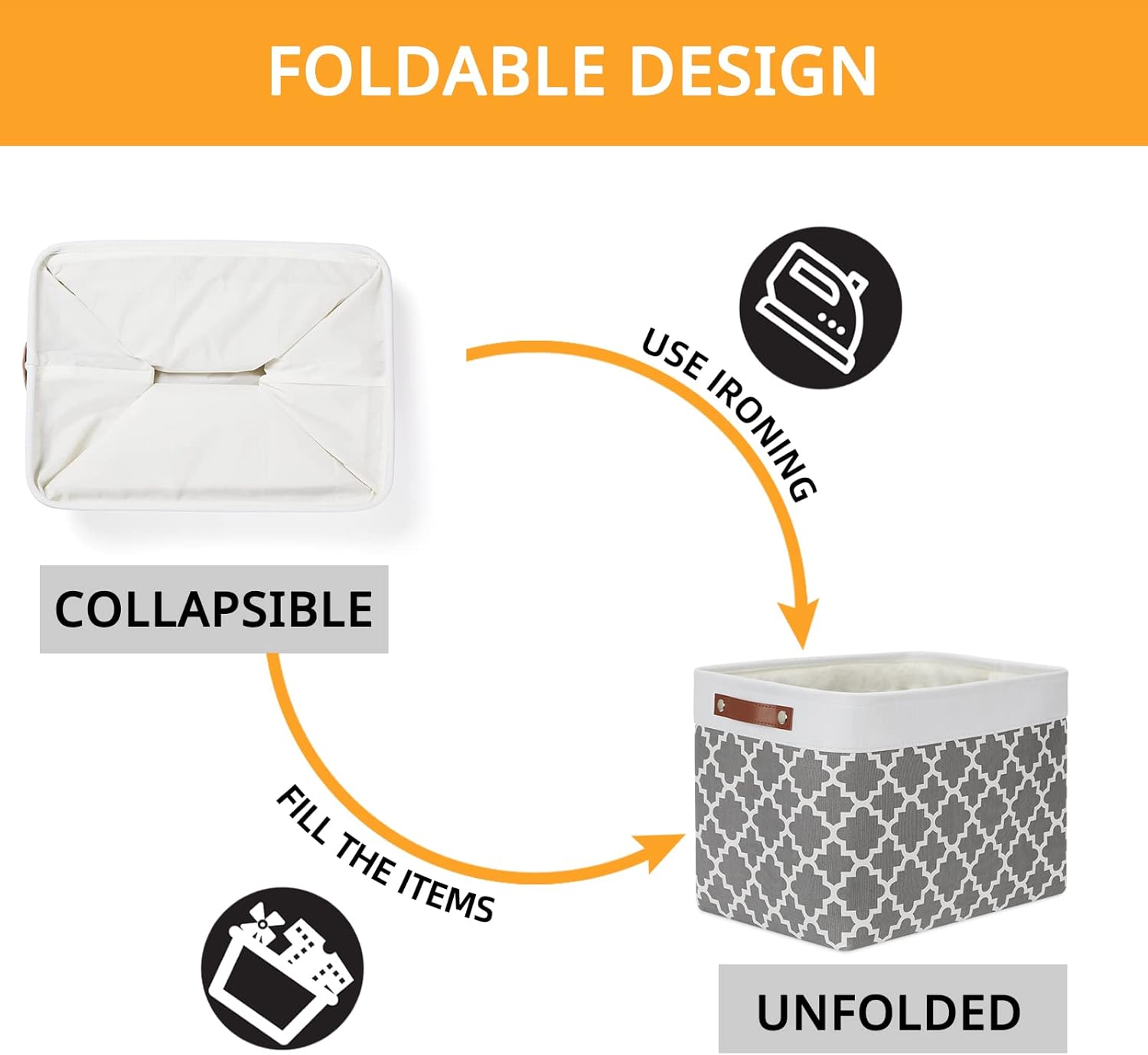 DULLEMELO Foldable Nursery Storage Baskets Canvas Storage Bins for Organizing 2 Pack Collapsible Home Organizer With Leather Handles (White&Lattice Grey)