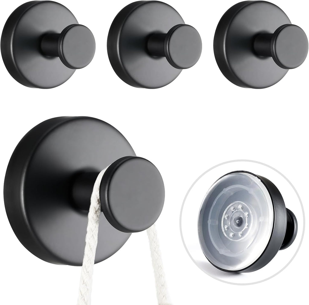4 PCS Suction Cup Hooks for Shower, Stainless Steel No Drill Towel Hooks, Reusable Sticky Silicone Base for Bathroom Wall, Glass, Mirror, Tile to Hang Loofahs, Robes (Matt Black)