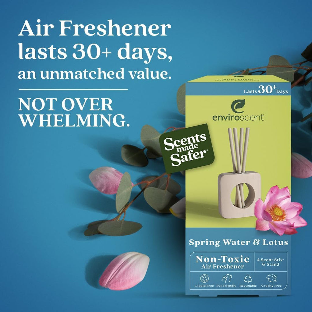Enviroscent Non-Toxic Air Freshener for Home | Liquid Free Diffuser | Home Fragrance Lasts Over 30 Days | Kit includes 1 Mango Wood Stand & 1 Scent Stix Refill (Spring Water & Lotus)