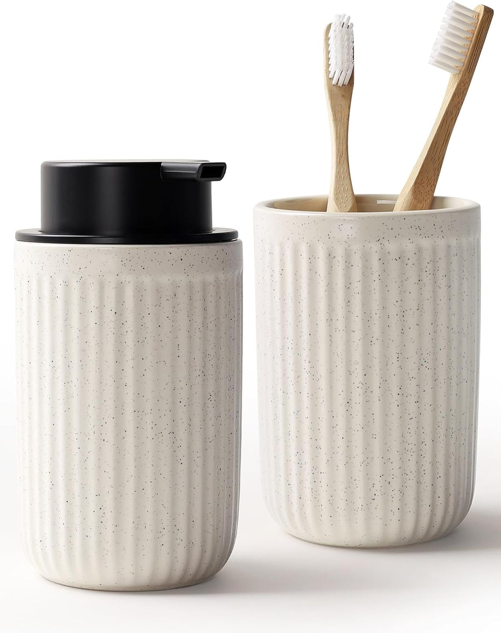 Bosilunlife Soap Dispenser and Toothbrush Holder Set - 11Oz Foam Soap Dispenser Pump Ceramic Bathroom Counter Soap Toothbrush Holder Set Beige Bathroom Accessories Set