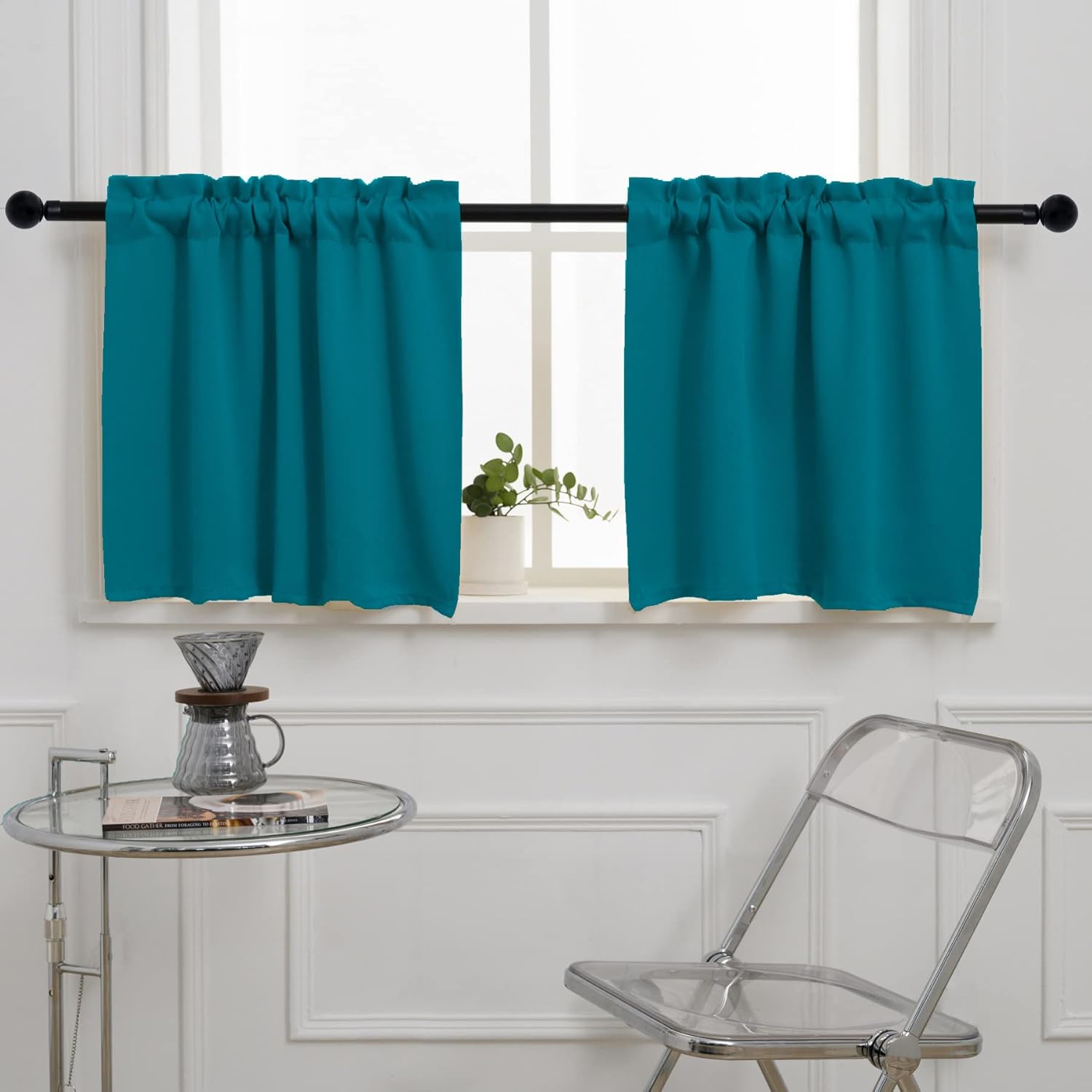 Pickluc Rod Pocket Tier Curtain - Half Blackout Curtain for Kitchen, Bathroom, Cabinet, Basement, 42 Inches Wide and 24 Inches Long, Teal, 2 Panels