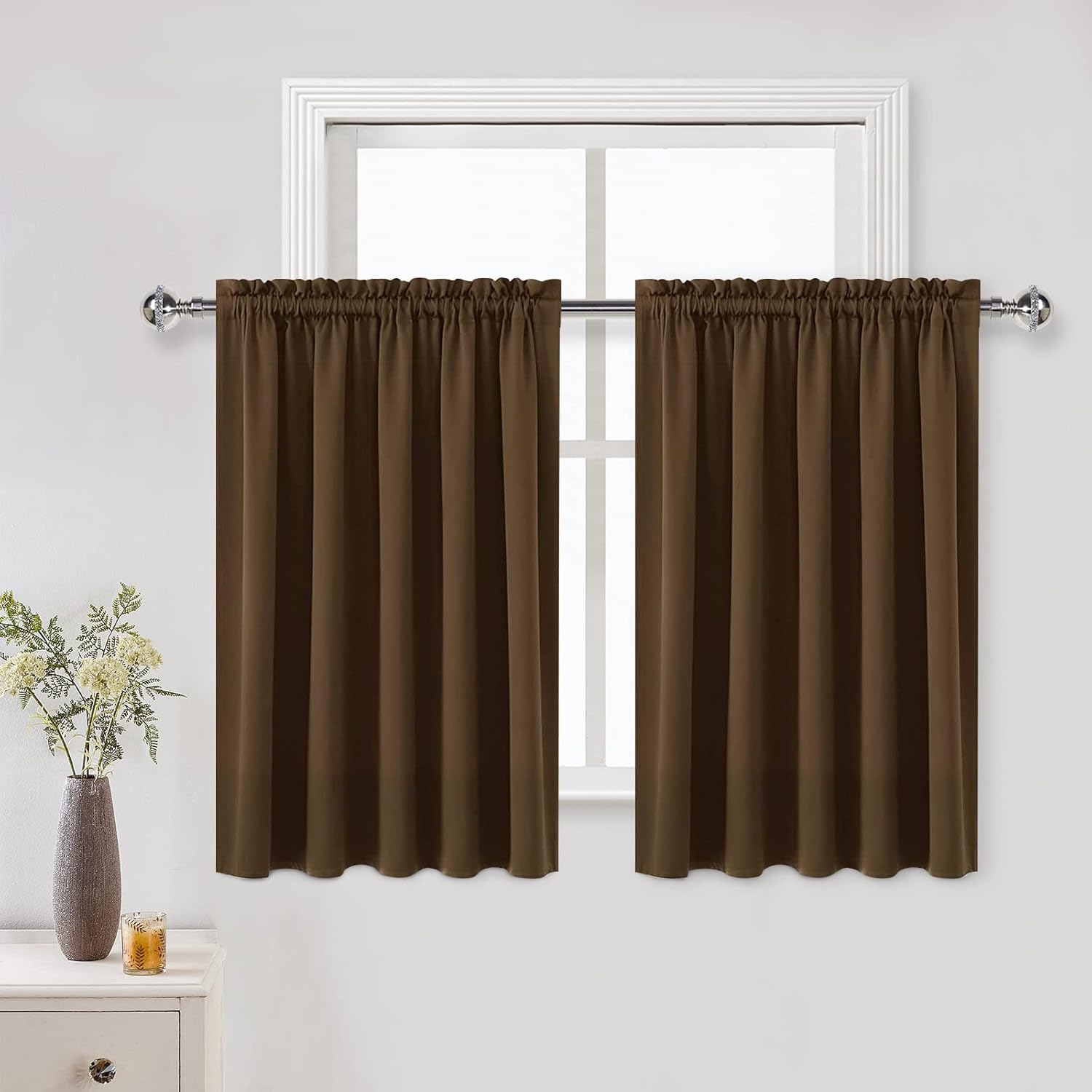 DWCN Short Brown Blackout Curtains for Half Window, Thermal Insulated Energy Saving Room Darkening Curtains for Kitchen/Bedroom (W60 x L36 inch, Set of 2 Panels, Top of Rod Pocket)