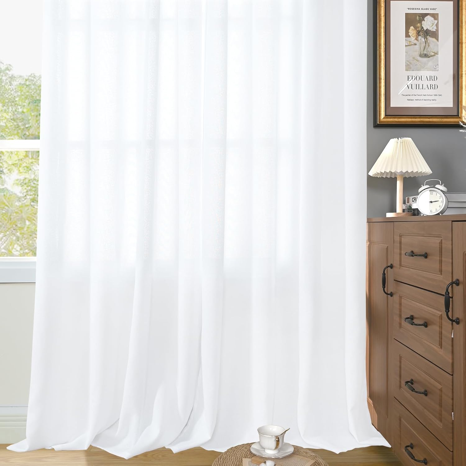 YoungsTex White Linen Semi Sheer Curtains for Living Room 84 Inch Length 2 Panels - Light Filtering Drapes with Pinch Pleated for Bedroom Dining Office Back Tab Window Treatments, 40 X 84 Inch