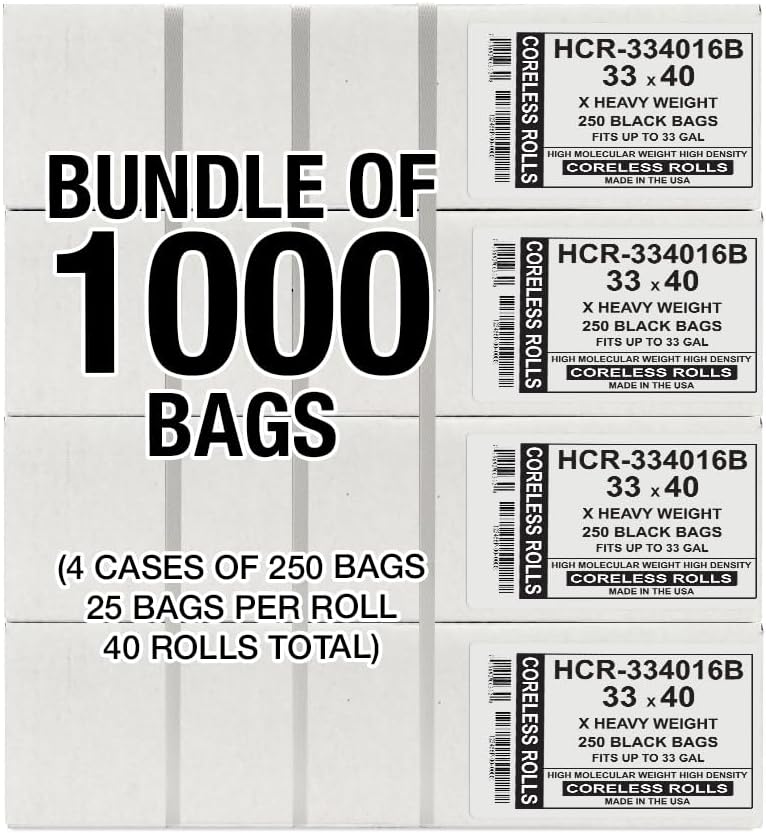 Aluf Plastics High Density Trash Bags, 33 Gallon, 1000 Count, 16 Micron (eq), 33" x 40", Black, for Bathroom, Office, Industrial, Commercial, Janitorial, Municipal, Recycling