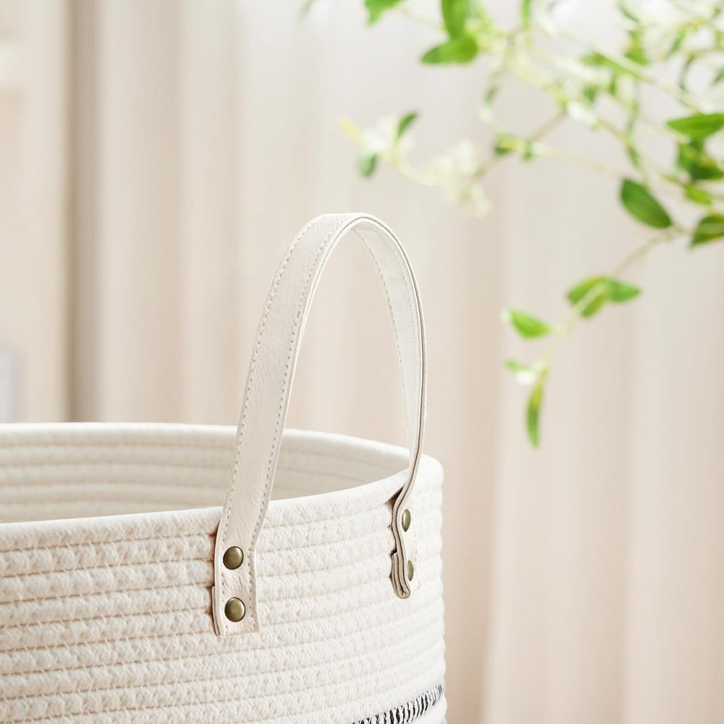VIPOSCO Tall Laundry Basket, Large Dirty Clothes Hamper with Leather Handle, Woven Rope Storage Basket for Blanket, Toy In Living Room, Bathroom, Bedroom - 100L Stripe White