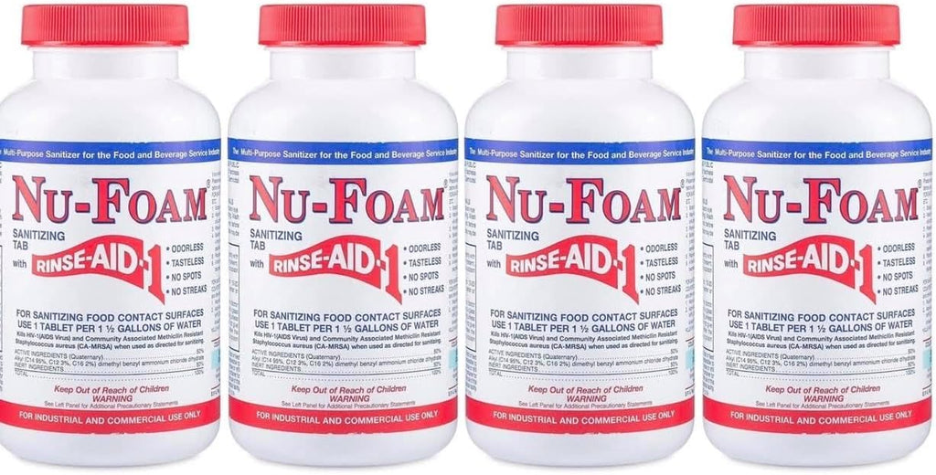 Nu-Foam Sanitizing Tablets for Bar Glassware – Superior Rinse Aid - Hand Washing Bar, Brewery Supplies - Spotless Serving Glasses - Professional - 4 Pack 400 Tablets/ 2,400 Quarts Sanitizing Solution