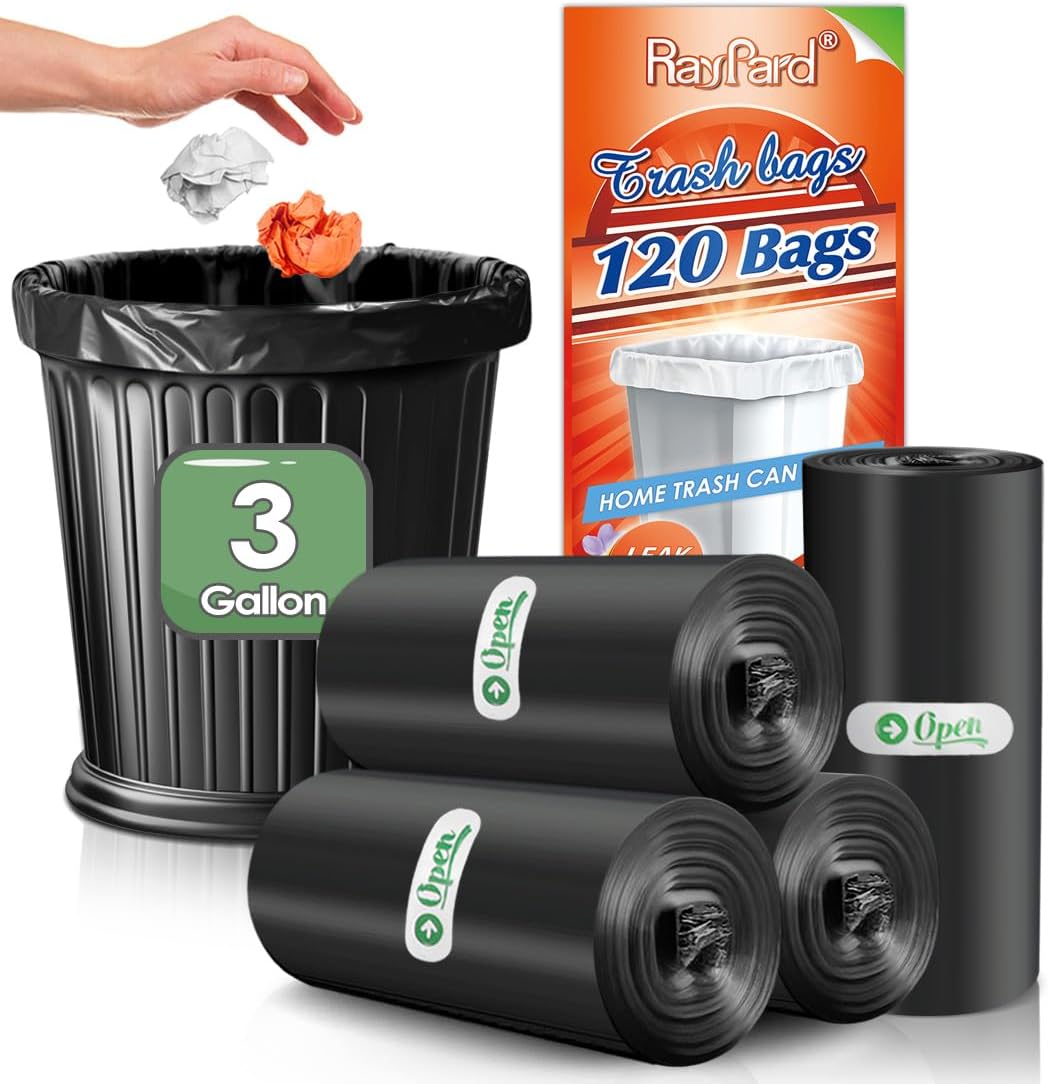 3 Gallon 120 Counts (fit 2.6-3.3 Gal) Small Trash Bags Garbage Bags by RayPard, 10-12 Liter Waste Basket Liner Fit 2.6,3.1,3.2,3.3 Gal Trash Can for Home Office Kitchen Bathroom Bedroom, Black