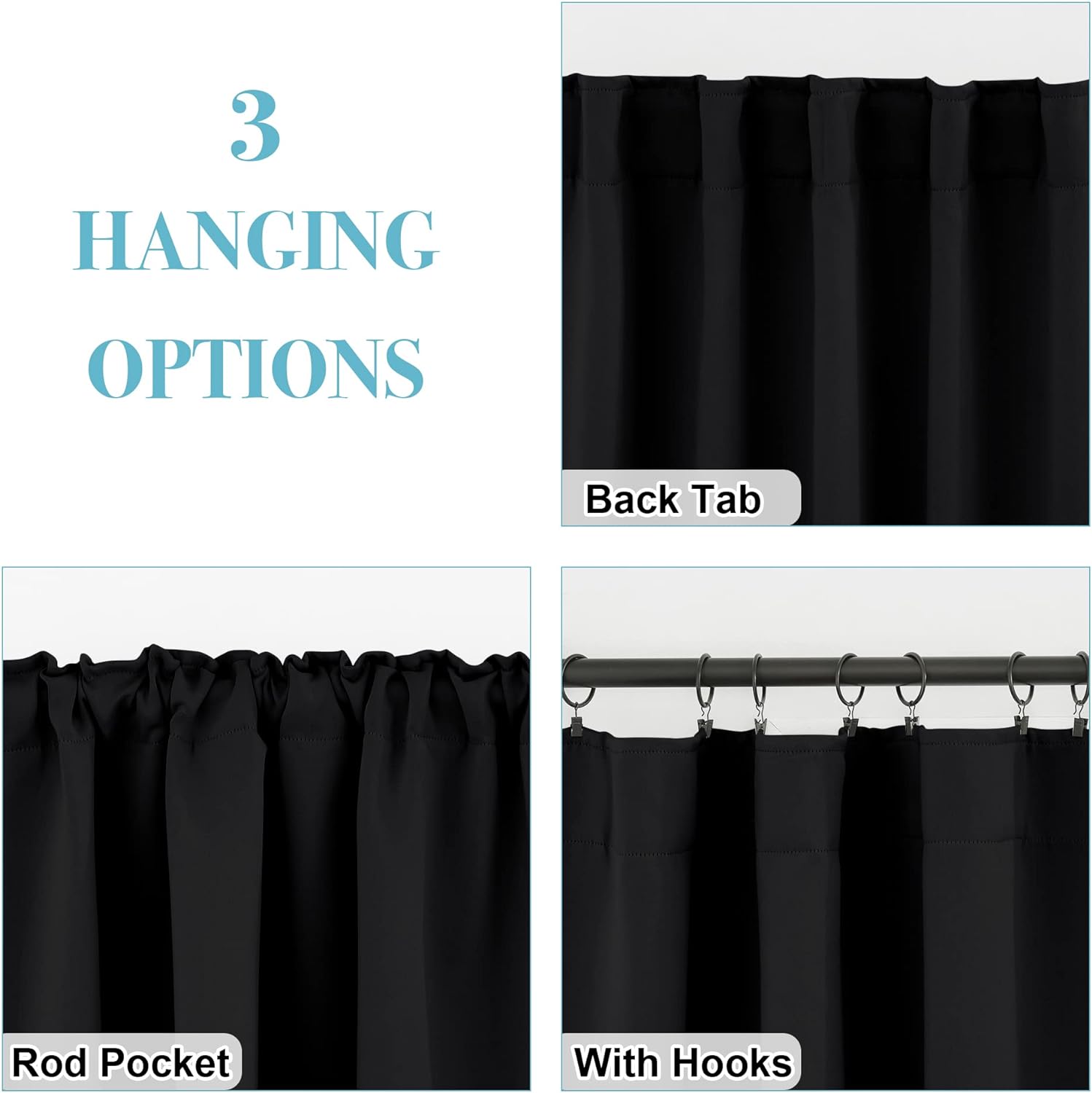 RYB HOME Short Bedroom Blackout Curtains - Small Window Treatment Set Energy Saving Thermal Insulated Drapes for Living Room/Nursery/Kitchen, 42-inch Wide x 45-inch Long, Black, 2 Panels