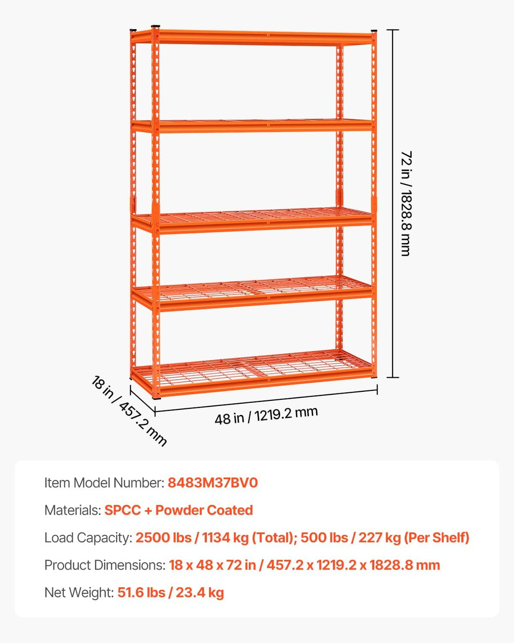 VEVOR Storage Shelves, 2500 lbs, 5 Tier Heavy Duty Garage Shelving, 18" D x 48" W x 72" H Adjustable Metal Shelves for Industrial Shelving Unit Utility Shelf, for Kitchen, Warehouse, Basement, Orange