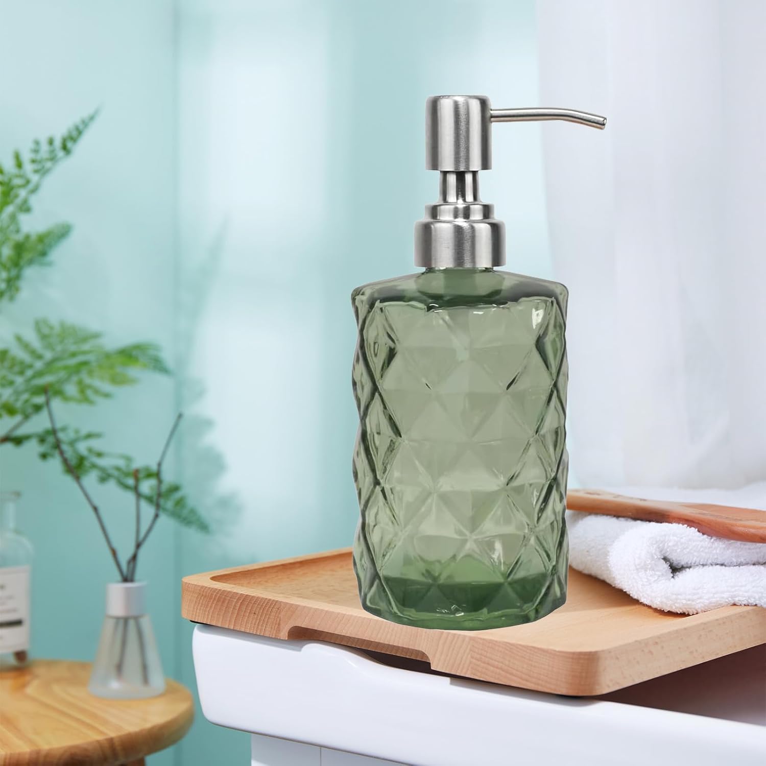 12Oz Green Glass Soap Dispenser with Stainless Steel Pump, Refillable Kitchen Liquid Hand Soap Dispenser with Diamond Design, for Dispense Hand soap, Dish Soap, Lotion, Bathroom, Countertop, Hotel