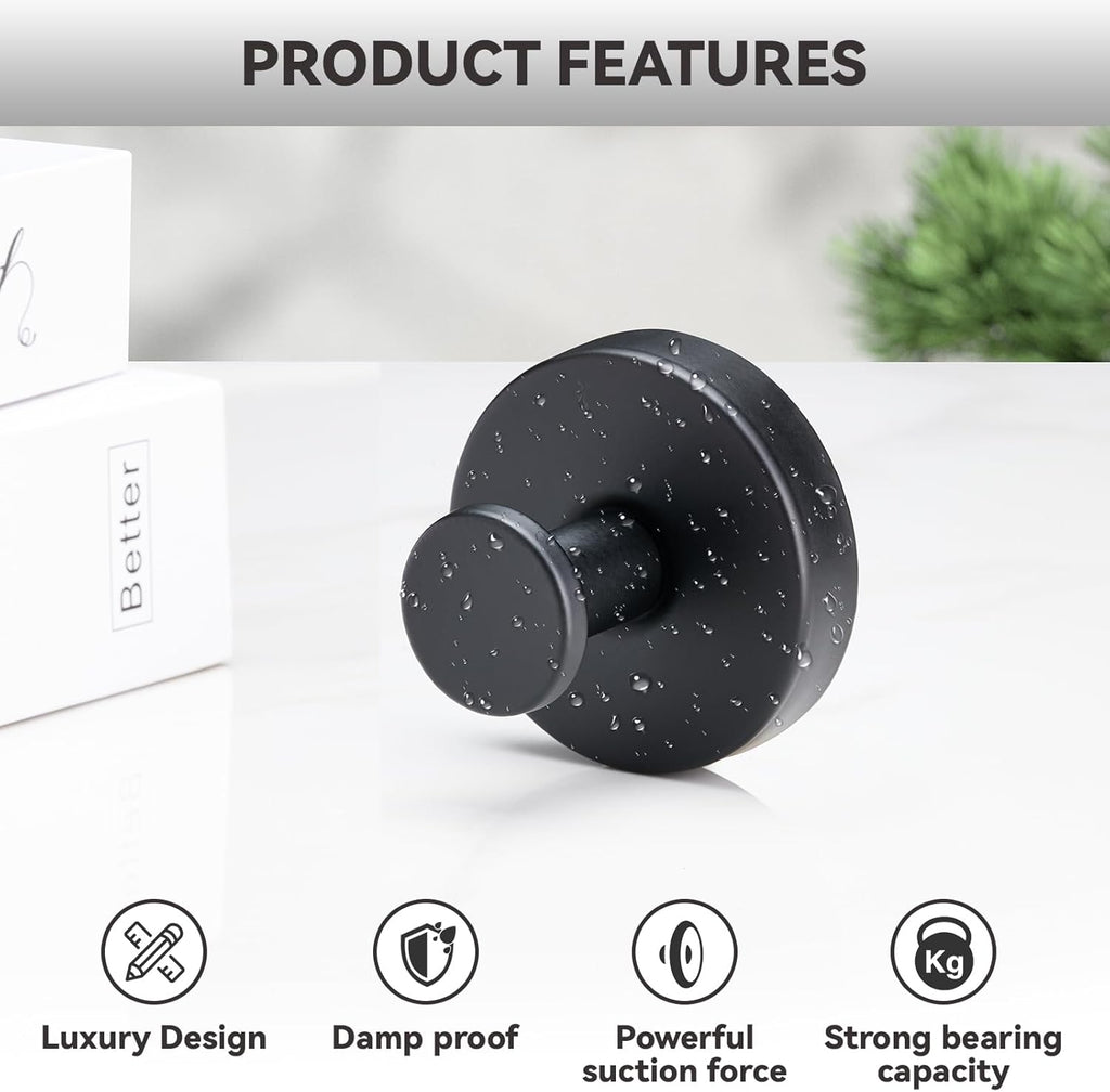 4 PCS Suction Cup Hooks for Shower, Stainless Steel No Drill Towel Hooks, Reusable Sticky Silicone Base for Bathroom Wall, Glass, Mirror, Tile to Hang Loofahs, Robes (Matt Black)