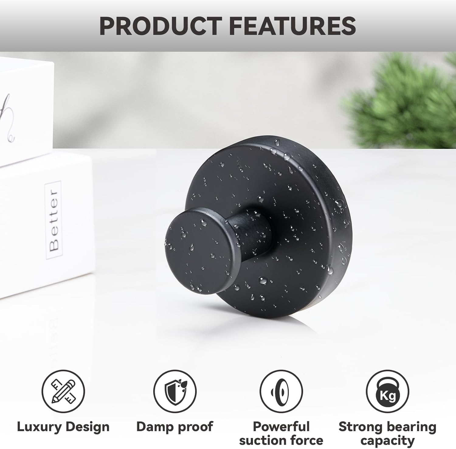 4 PCS Suction Cup Hooks for Shower, Stainless Steel No Drill Towel Hooks, Reusable Sticky Silicone Base for Bathroom Wall, Glass, Mirror, Tile to Hang Loofahs, Robes (Matt Black)