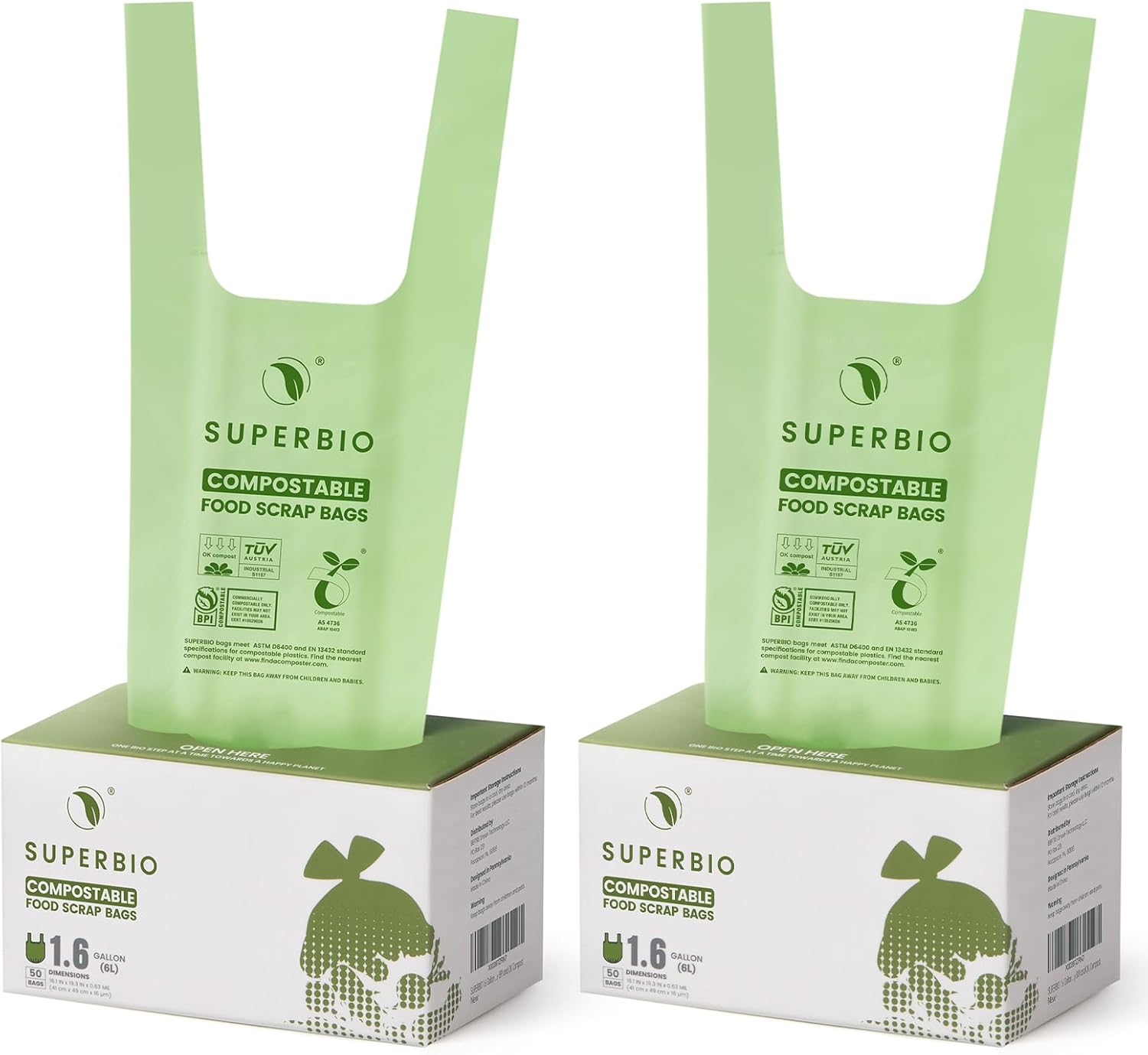 SUPERBIO 1.6 Gallon Handle Tie Compostable Food Scrap Bags, Small Compost Bags with Handles, 50 Count, 2 Pack, BPI & OK compost INDUSTRIAL
