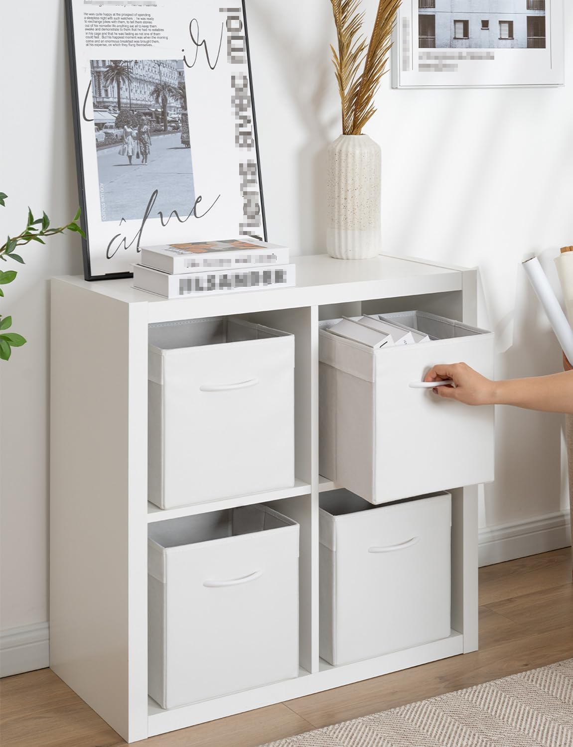 StorageWorks White Storage Cubes, 11-inch Leather Bins with Handle, Cube Organizer Baskets for Shelves and Closet, Collapsible Storage Bins, 4-Pack