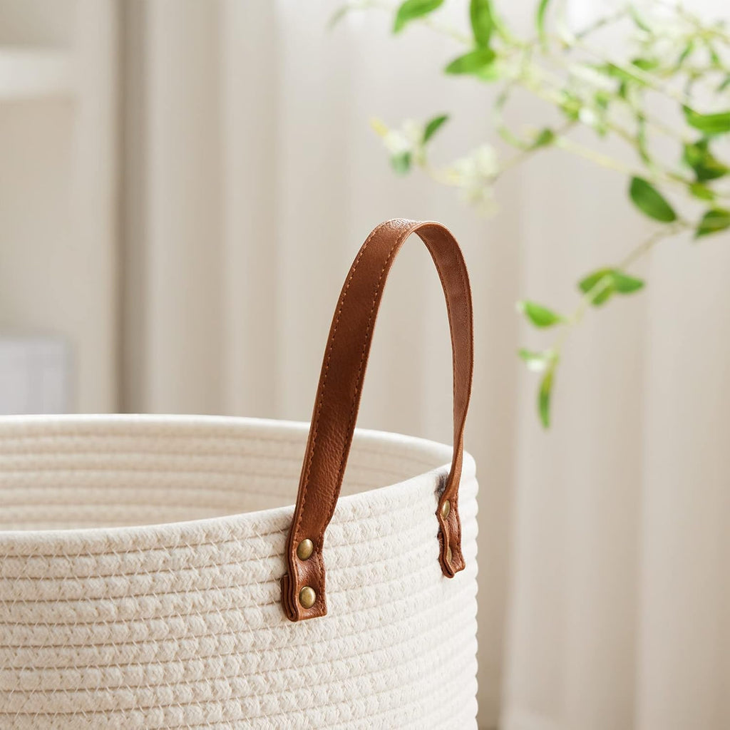 VIPOSCO Tall Laundry Basket, Large Dirty Clothes Hamper with Leather Handle, Woven Rope Storage Basket for Blanket, Toy In Living Room, Bathroom, Bedroom - 72L White & Brown