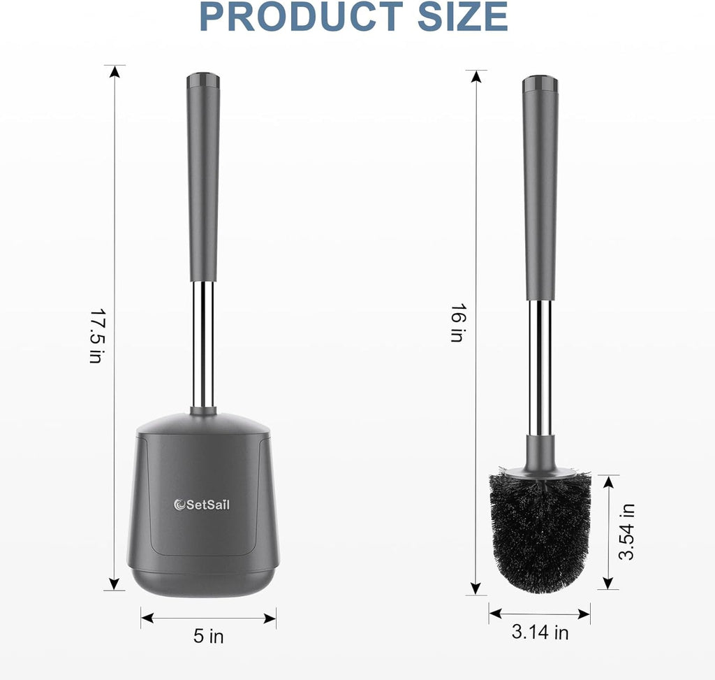 SetSail Toilet Brush and Holder, Self Closing Lid Toilet Bowl Brushes Holder and Extra Long Handle Ventilated Toilet Brush Set for Bathroom Cleaning, Nylon Bristles, Grey