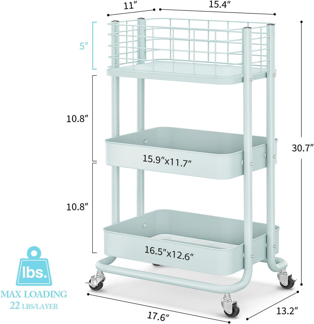 KINGRACK 3 Tier Rolling Cart, Metal Mobile Storage Shelf with Lockable Wheels, Prevent Falling Utility Trolley Cart, Storage Organizer for Kitchen, Office, Bathroom, Dorm, Green