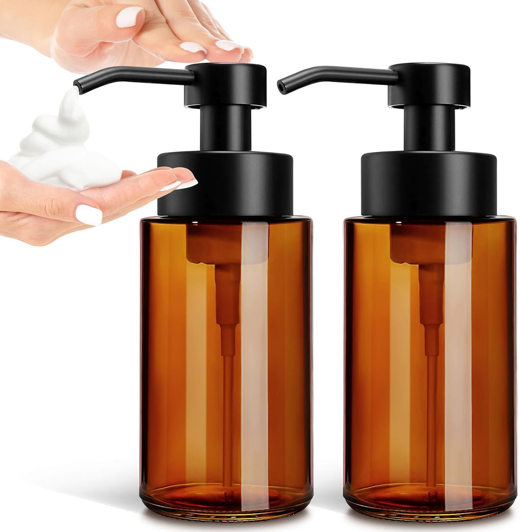 GMISUN Glass Foaming Soap Dispenser, 10 Fl oz / 300ml Amber Glass Soap Dispenser for Bathroom & Kitchen, 2 Pack Modern Refillable Foam Hand Soap Dispensers, Bathroom Hand Soap Dispensers with Labels
