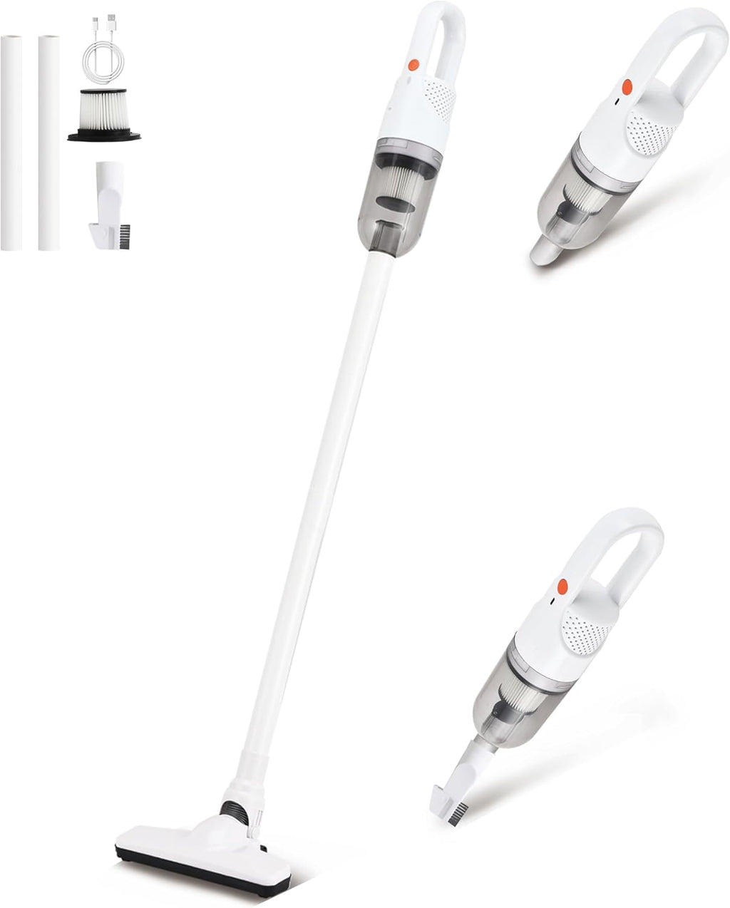 6-in-1 Lightweight Stick Vacuum Cleaner with 100W Powerful Motor, Mini Portable Household Handheld Vacuum Cleaner for Domestic Hard Floors, Carpets and Pet Hair (White Cordless Without Plug)