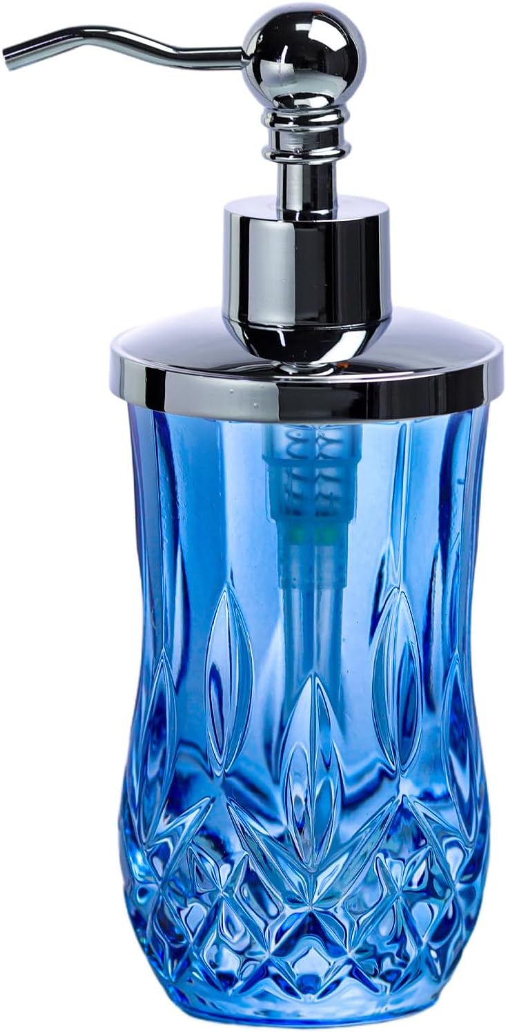 9Oz Diamond Grid Pattern Blue Glass Soap Dispenser with Rust Proof Stainless Steel Pump,Refillable Liquid Soap Dispenser for Bathroom & Kitchen Dish Soap, Hand soap, Lotion(Round)